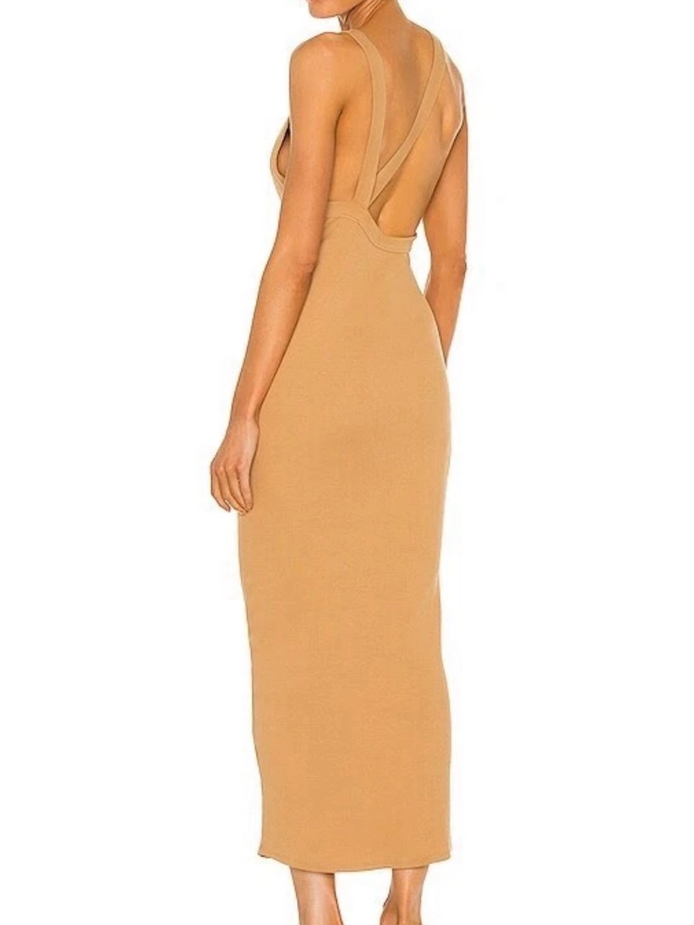 The Line by K Maribel Ribbed Jersey Knit Midi Dress in Camel Tan